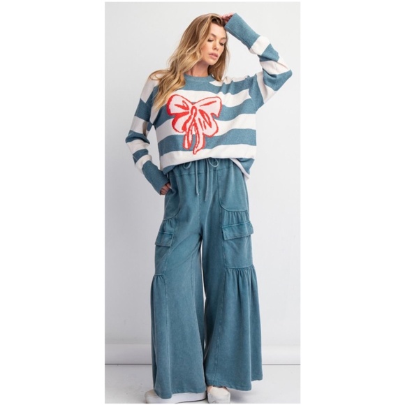 Easel Color Block Bow Loose Knit Sweater Top - Picture 4 of 5